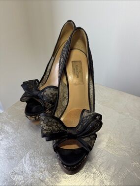 Valentino Black Lace Bow Peep-Toe Pumps with Satin Trim